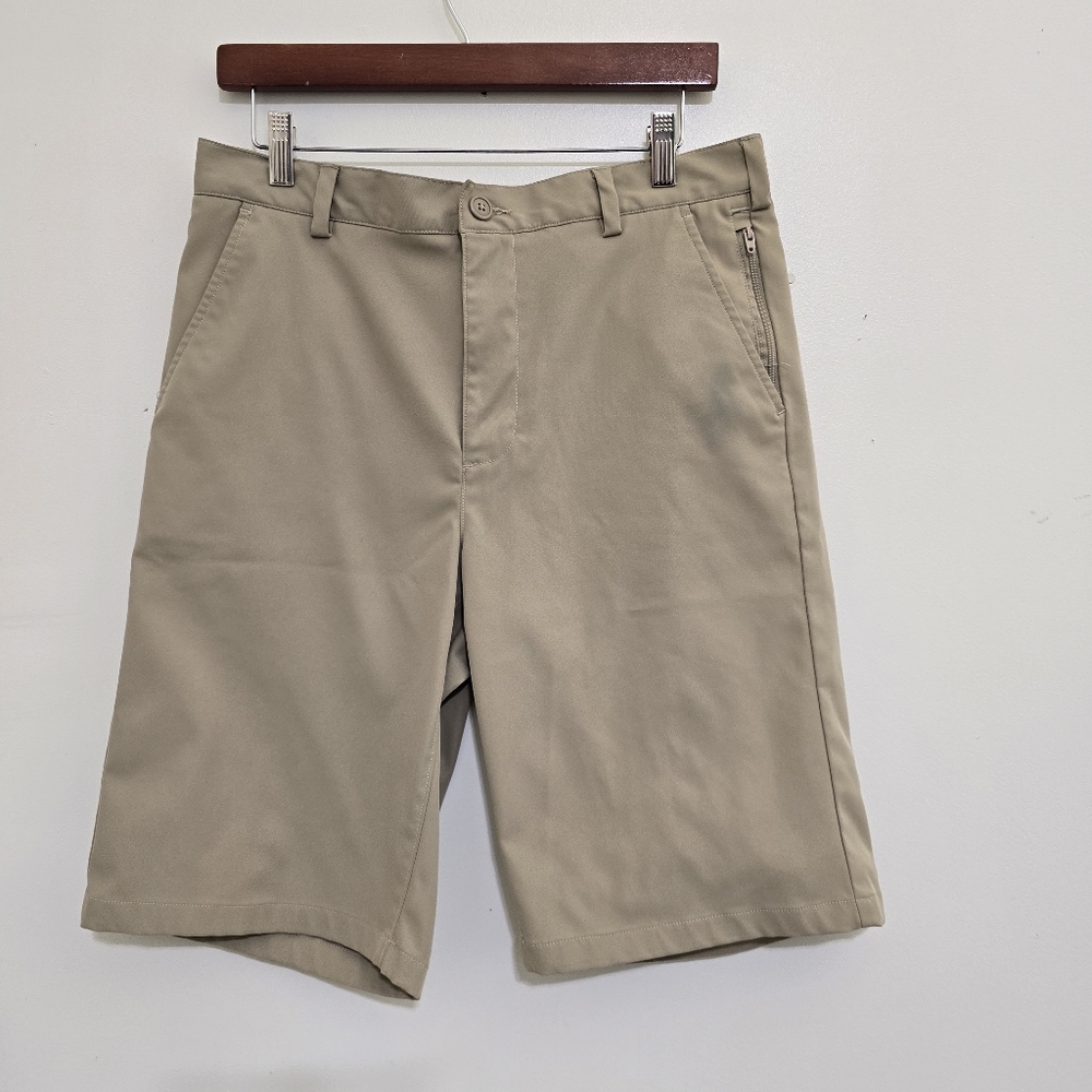 LANDS' END men's size 31 Flat Front 11 Inch Uniform Shorts Zip Pocket Khaki
